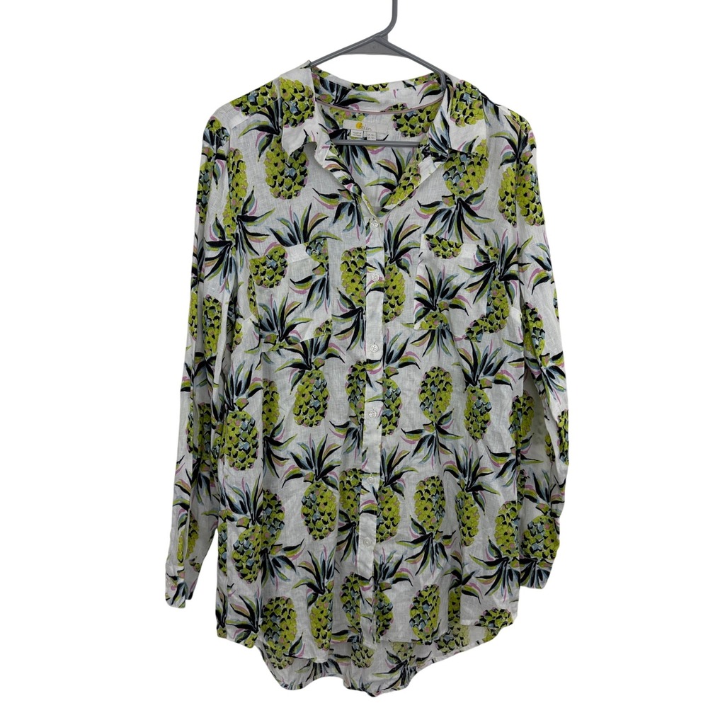 Boden Shirt Womens 12L White Pineapple Print Linen Long Sleeve Button Down Top